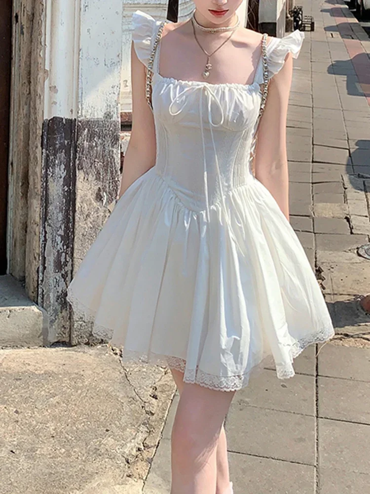 فستان حلو على الموضة الكورية الجديدة للصيف Yk2 Kawaii الجنية قطعة واحدة فستان نسائي على طراز Preppy من الدانتيل فساتين حفلات غير رسمية للسيدات