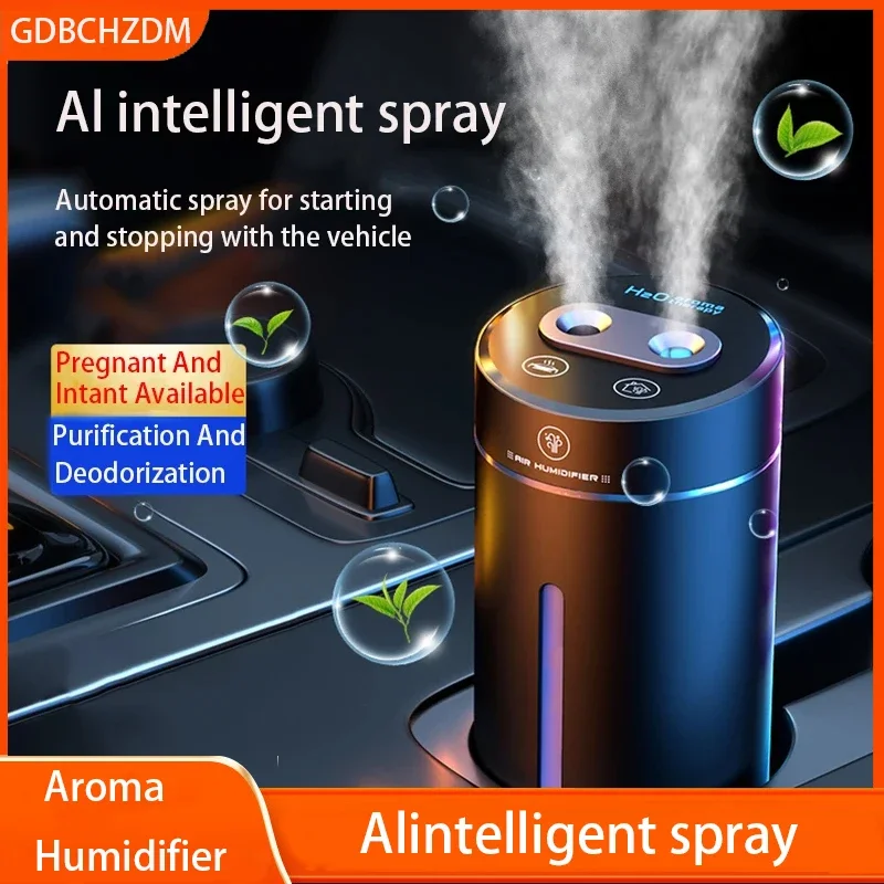 

380ML Double Spray Vehicle Air Humidifier USB Charging Mini Essential Oil Diffuser with Mood Light Wireless Car Aroma Humidifier