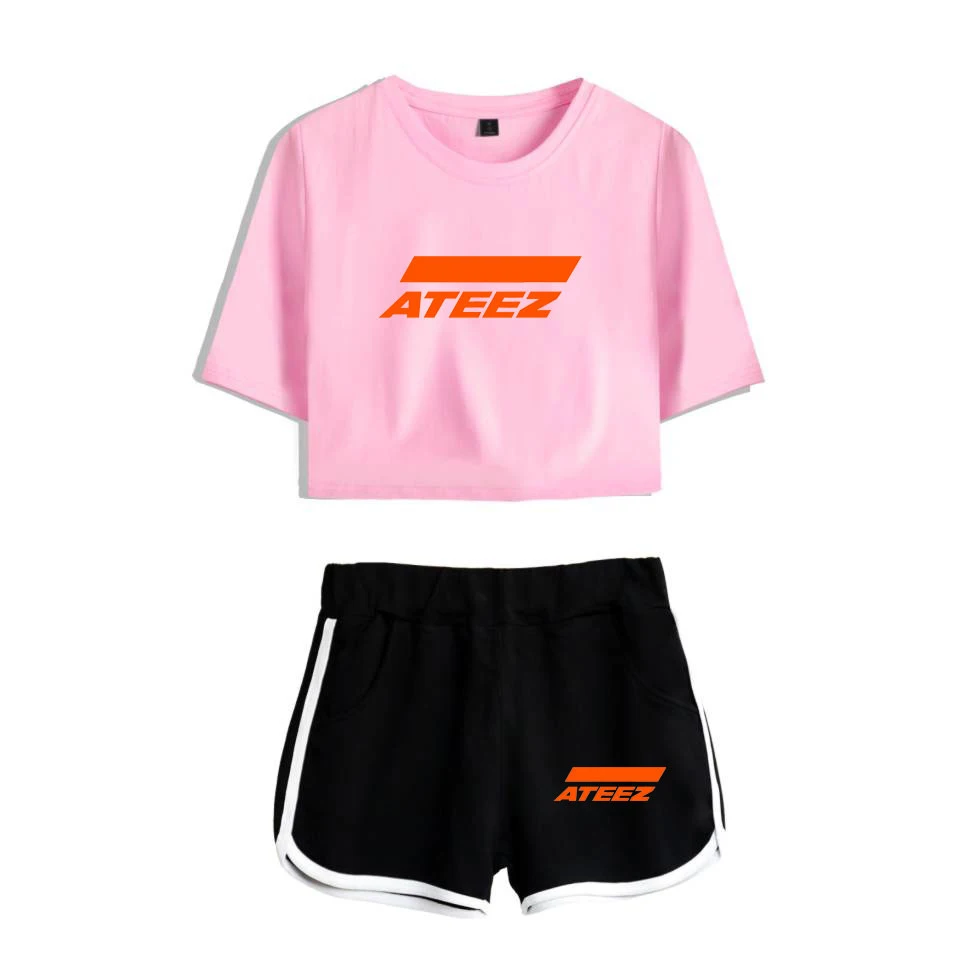 Fashion Youthful Print ATEEZ Short Sleeve Women Sexy Shorts+lovely T-shirts Dew navel Pretty Girl suits Two Piece Set