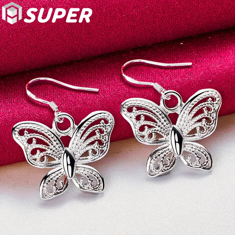 925 Sterling Silver Hollow Butterfly Drop Earring For Women Wedding Engagement Party Fashion Charm Jewelry