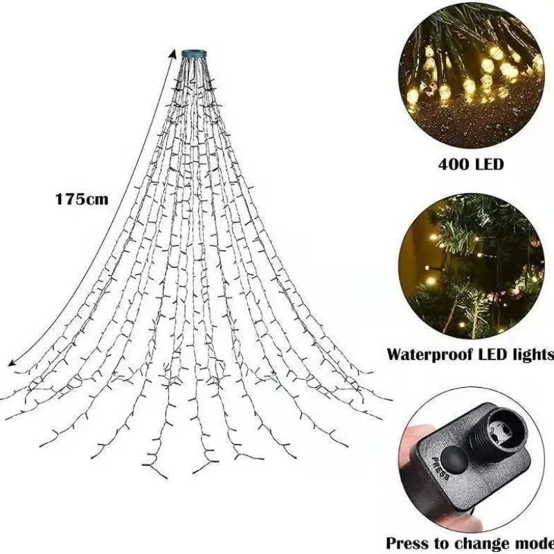 New LED Ring Christmas Tree Lights Decoration Tree Top Lights String Patio Garden Outdoor Waterproof Waterfall Lights
