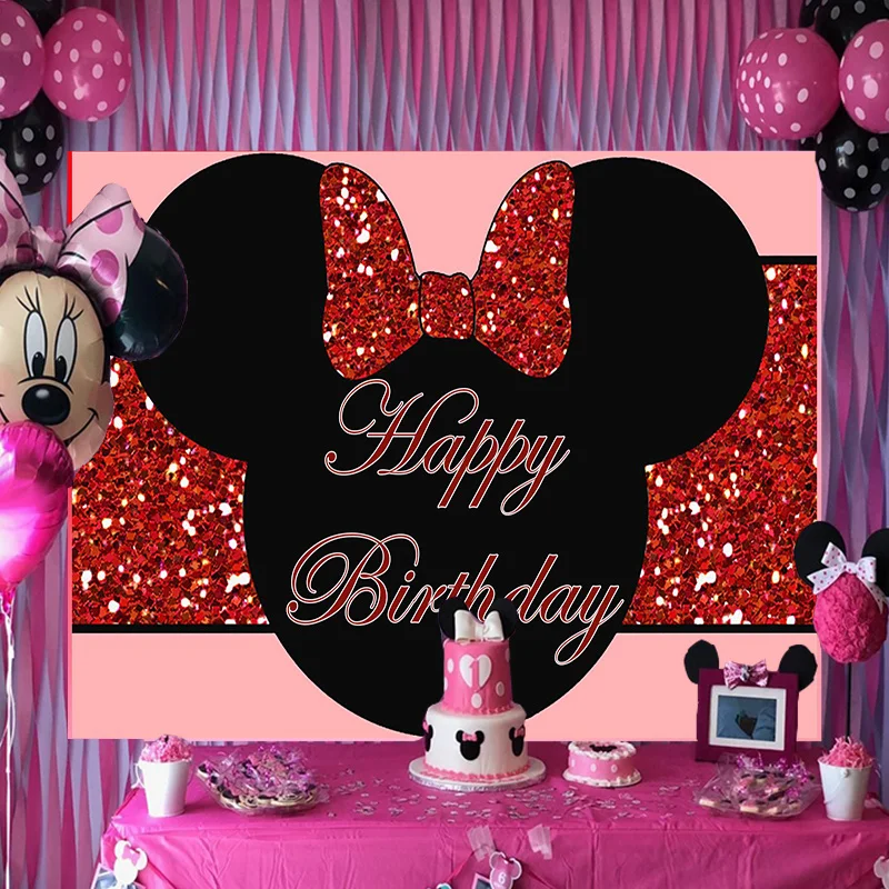 Disney Minnie Mouse Backdrop Party Supplies Red Glitter Photography Backdrop Newborn Birthday Background Girls Boys Decoration