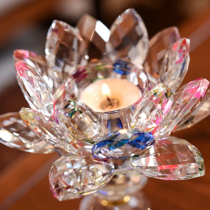 

Crystal Glass Lotus Candle Tea Light Holder Buddhist Candlestick Home Decoration(8 Colors Select)