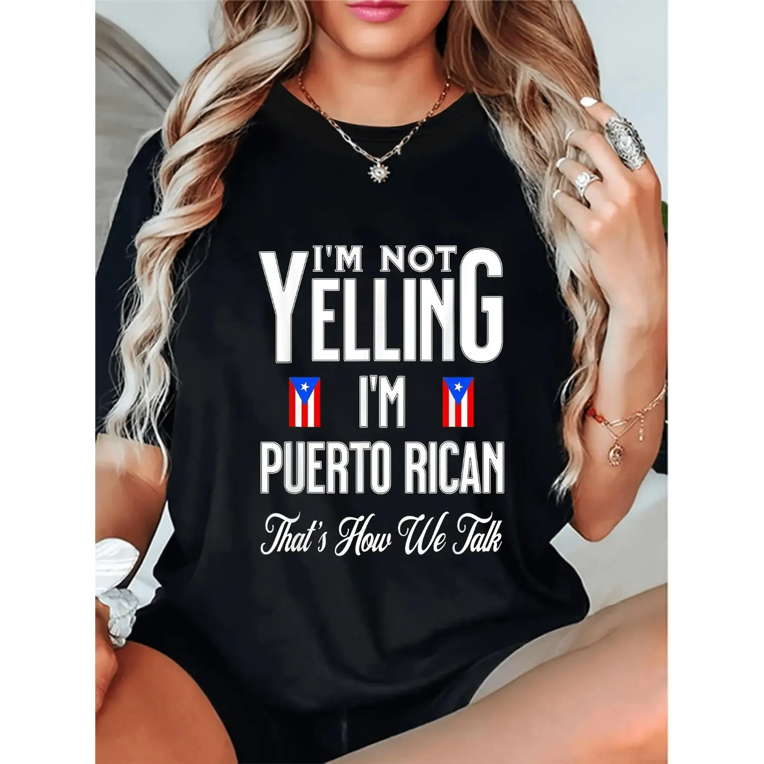 Puerto Rican Graphic Cotton T-shirt I'M Not Yelling I'M Puerto Rican That'S How We Talk Print Crew Neck Short Sleeve Unisex Casual Wear Machine Washable All Season Tee