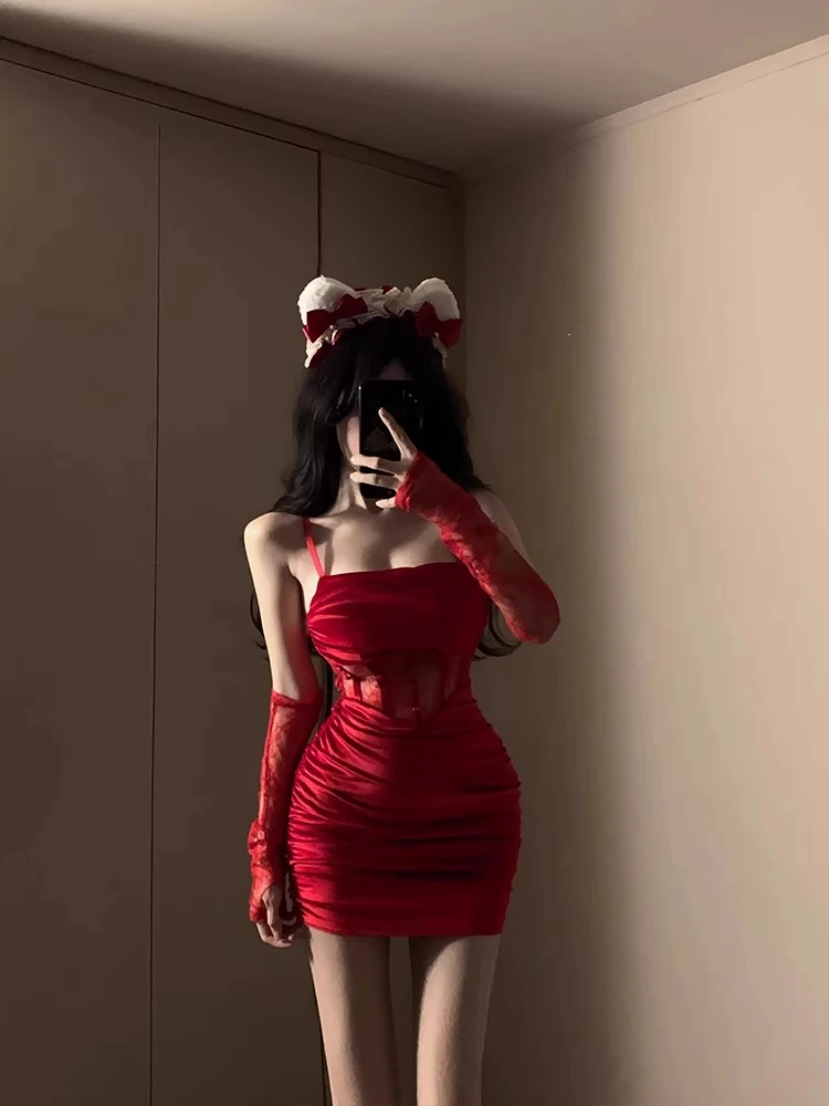 

Красное кружево из волокна, сексуальная облегающая юбка на бретельках, модный костюм для девочек, костюм Cisas из полиэфирного волокна, эластичное, всесезонные