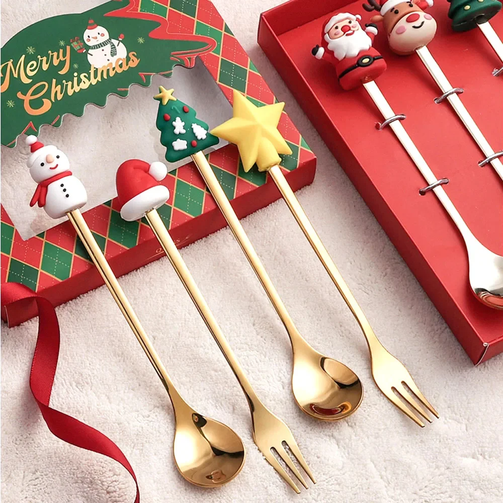 4/6Pcs Stainless Steel Cutlery Set Food-Grade Christmas Style In Gift Box, Dessert Cake Fruit Coffee Spoon Christmas Gift