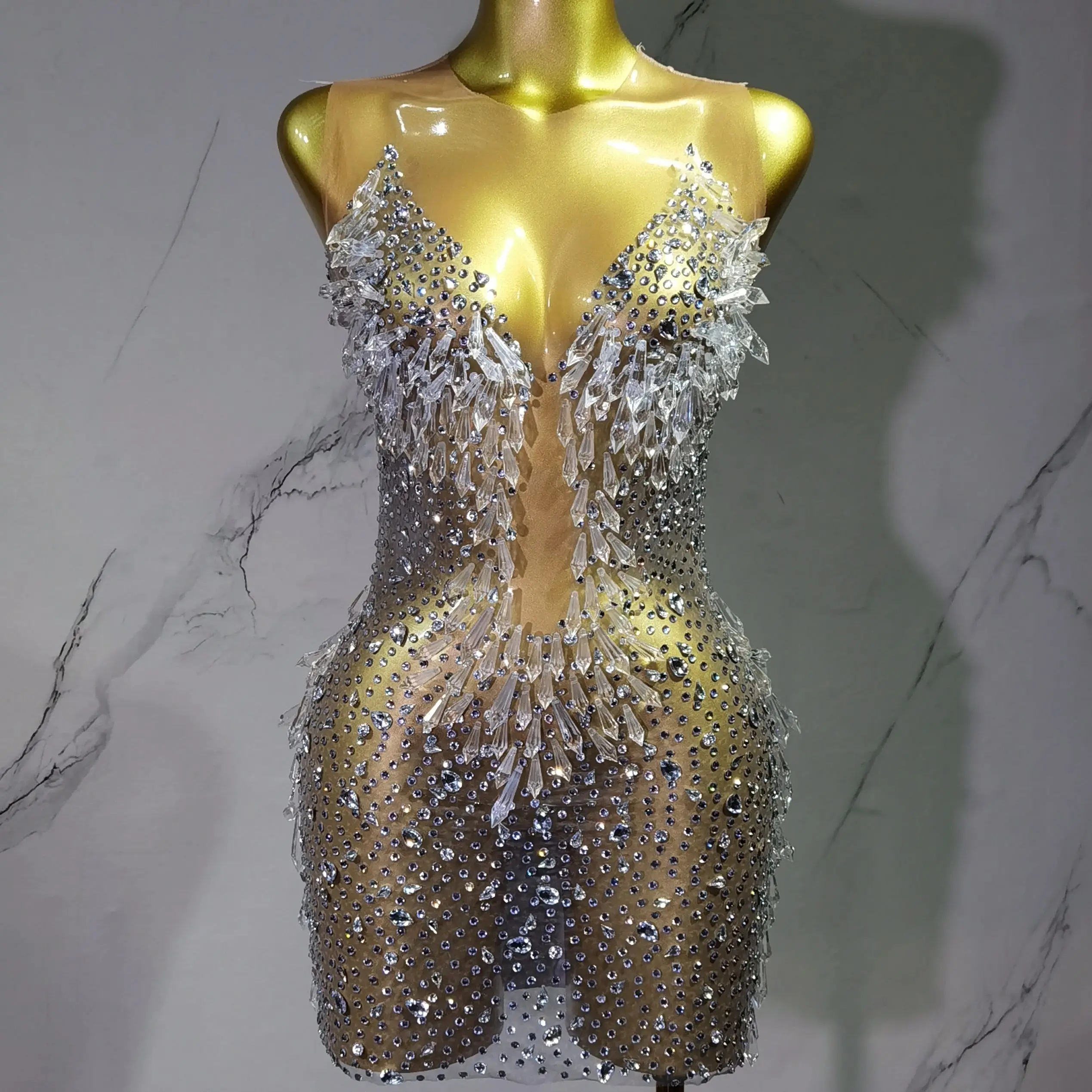 

Stock 2025Women Luxury Sexy Mesh Crystal Diamonds Mini Dress Birthday Party Costume Nightclub Stage Performance