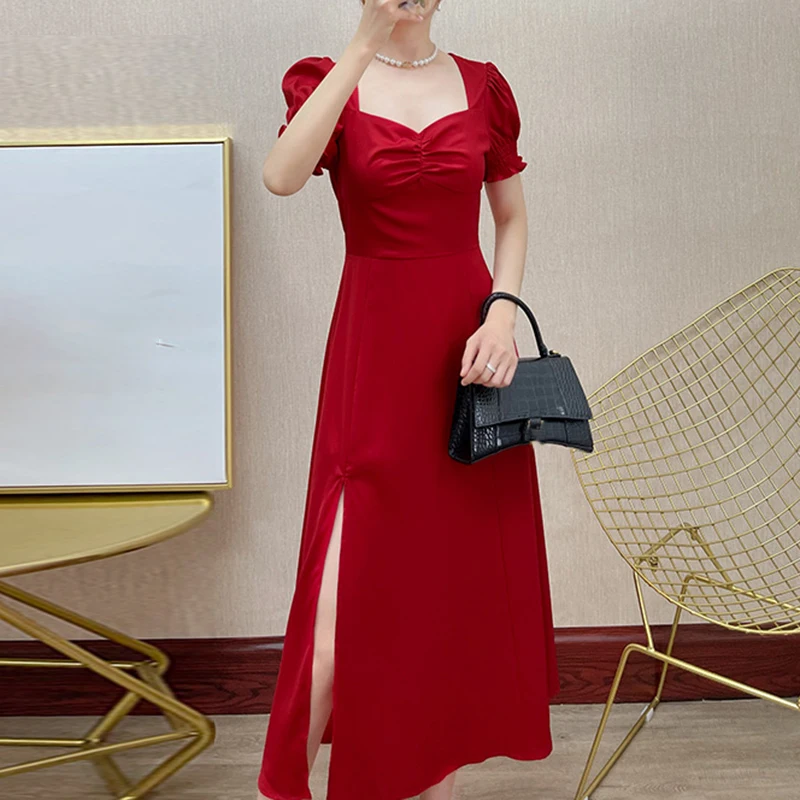 แยกชุดยาวหรูหราพัฟแขนสั้นสําหรับเสื้อผ้าสตรีงานแต่งงานเอวสูง Slim Evening Party สีแดงสบายๆใหม่