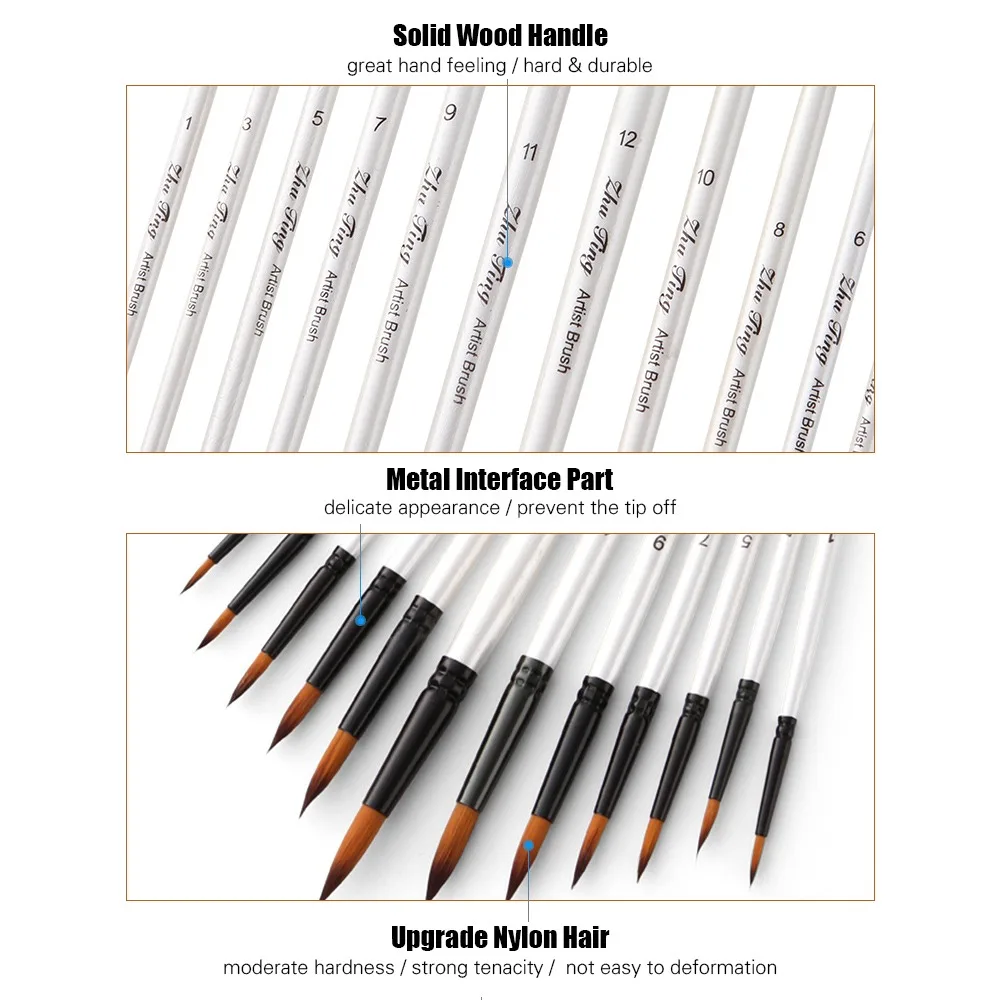 12Pcs Synthetic Nylon Tips Paint Brush Set Fine Detail Lightweight Nylon Hair Paintbrush Multifuctional Practical