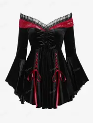 Plus Size Velvet T-shirt Lace-up Ruched Lace Trim Flare Sleeves Tops Women Autumn Winter Patchwork V-Neck Tees