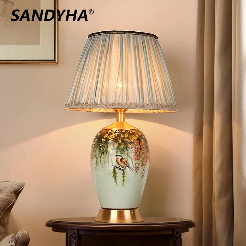 SANDYHA American Style Ceramic Table Lamp for Bedroom Night Stand Light Living Room Indoor Lighting Fixtures Fabric Lampshade