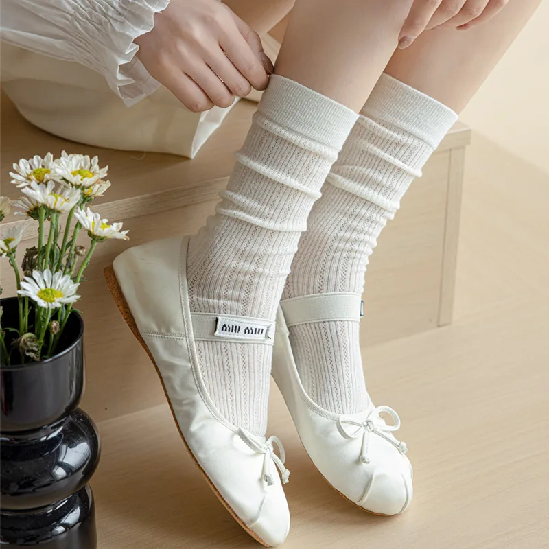 Women Socks Lolita Sweet Girls Middle Tube Socks Hollow Out Mesh Thin Breathable Solid Color Black White Gray Loose Long Socks