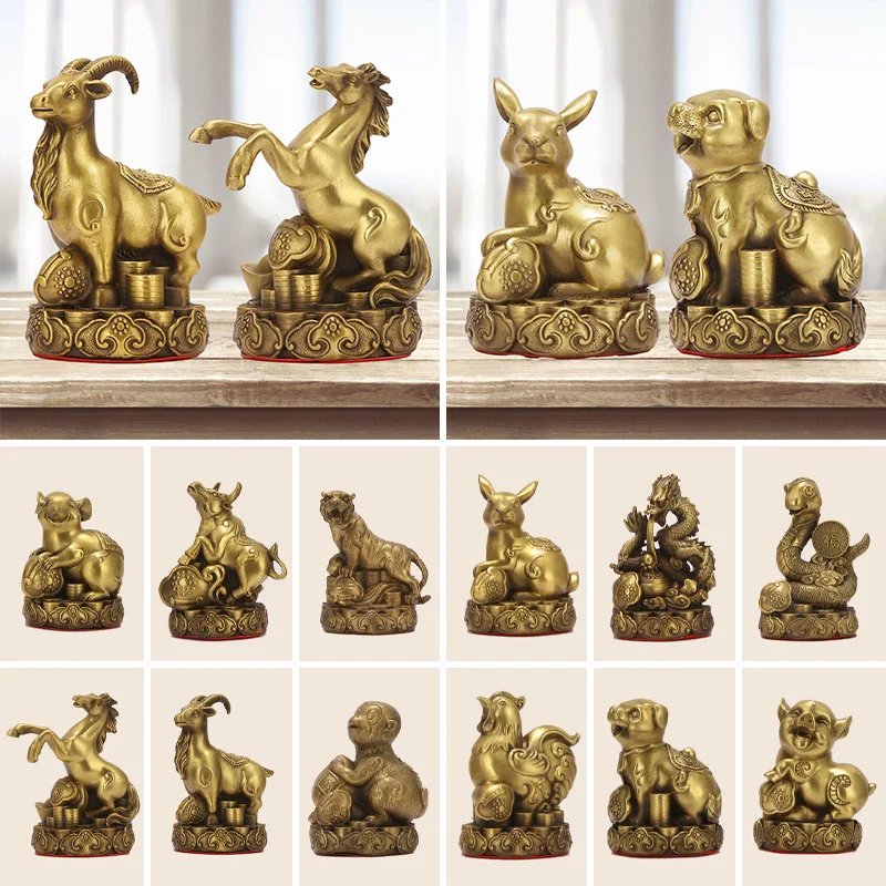 12 Chinese Pure Copper Zodiac Animal Figurines Set, Rat, Ox, Tiger, Rabbit, Dragon, Snake, Horse, Goat, Monkey, Rooster, Dog,Pig