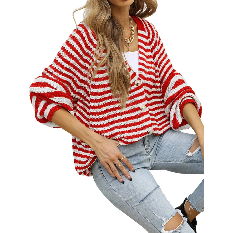 

Женский полосатый свитер, пальто, повседневный свободный вязаный кардиган с длинными рукавами и открытой передней частью на пуговицах, осень-AA98