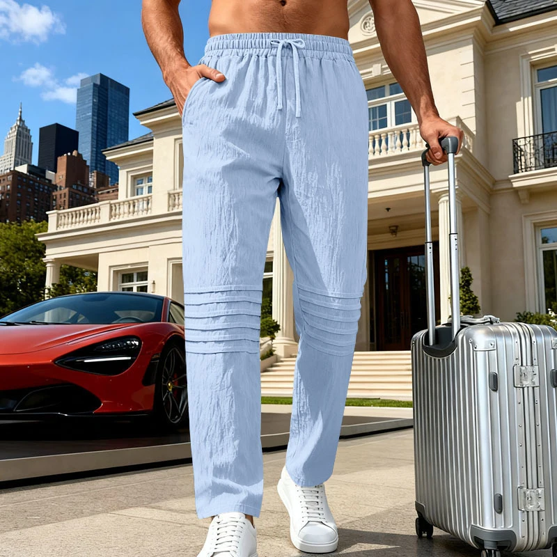 Frühling Herbst Neue Casual Leinen Hosen Herren Vintage Plissee Kordelzug Lose Gerade Hosen Männer Mode Einfarbig Böden