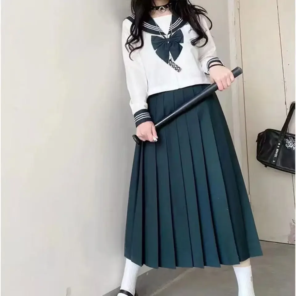 

Зеленая юбка 80 см, японская школьная форма JK, костюм моряка для косплея, три линии, темно-синий комплект моряка для женщин и девочек