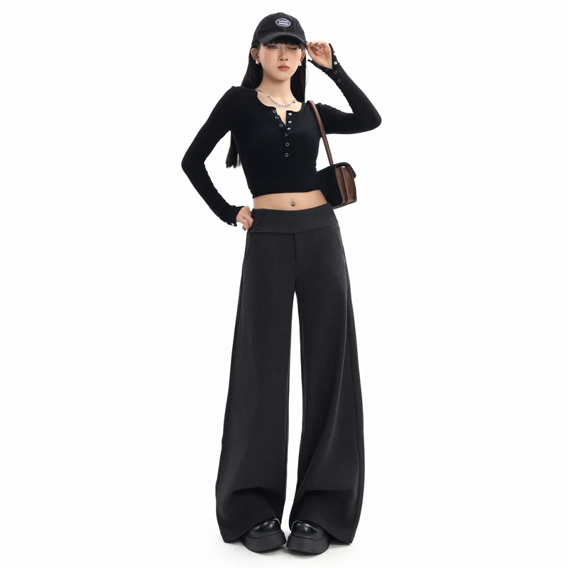 

American-style casual drapey versatile slimming trousers, loose fit, floor-length, new autumn-winter model with side waist butto