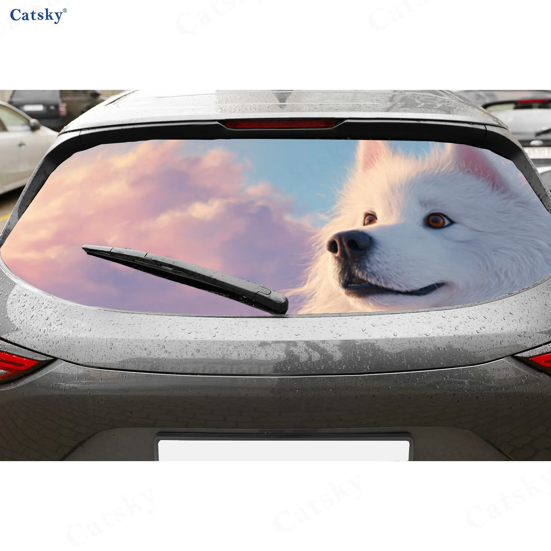 

White Dog Pink Blue Sky Cute PVC Perforated Car Vinyl Wraps, Durable Car Rear Windshield Sticker, Waterproof Car Rear Window Dec