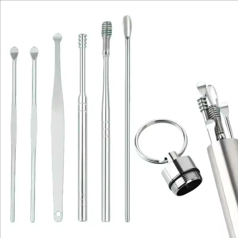 6pcs Stainless Steel Ear Wax Removal Tool Set Spiral Rotating EarPicking Spoon Ear Picker Spoon For Cleaning Collecting Ear Wax