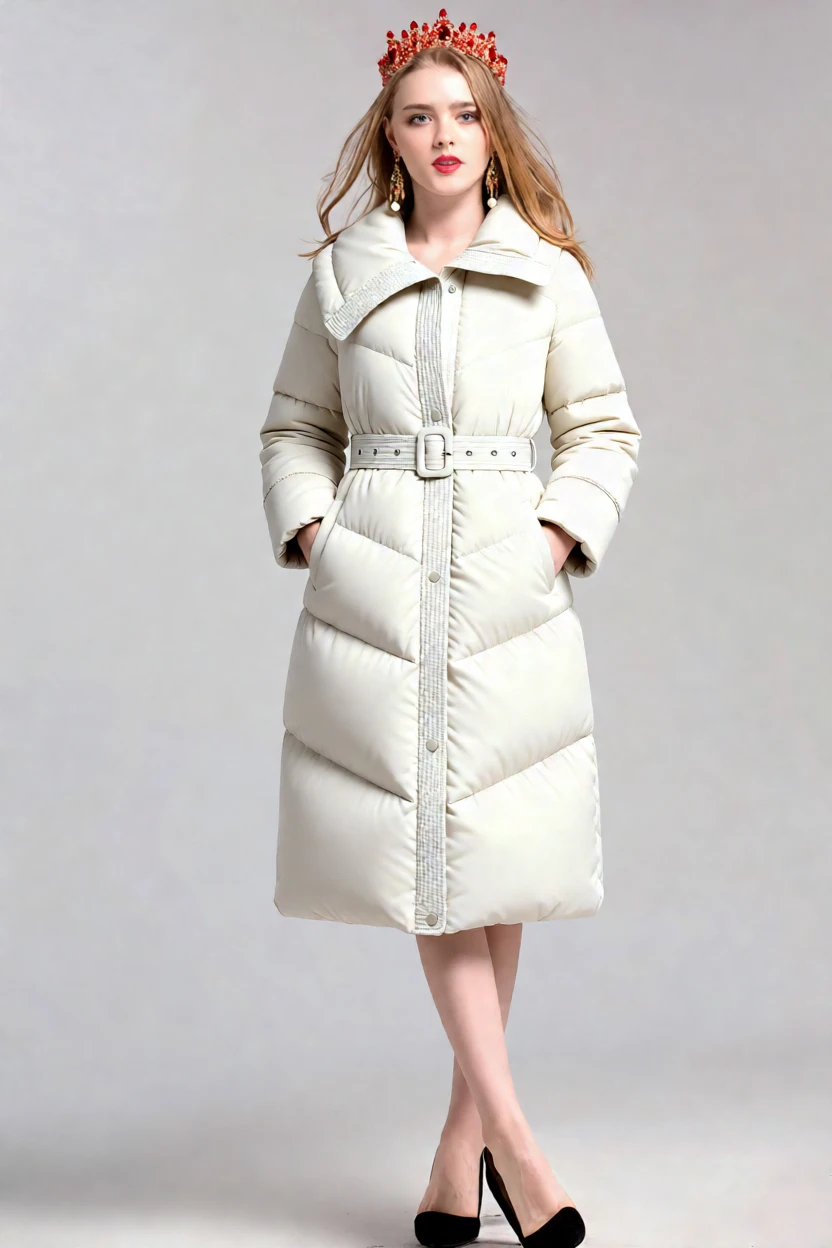 Manteau bouffant Long à ceinture pour femme, veste matelassée en duvet de canard blanc crème, Parka d'hiver chaude avec col, vêtements d'extérieur détaillés