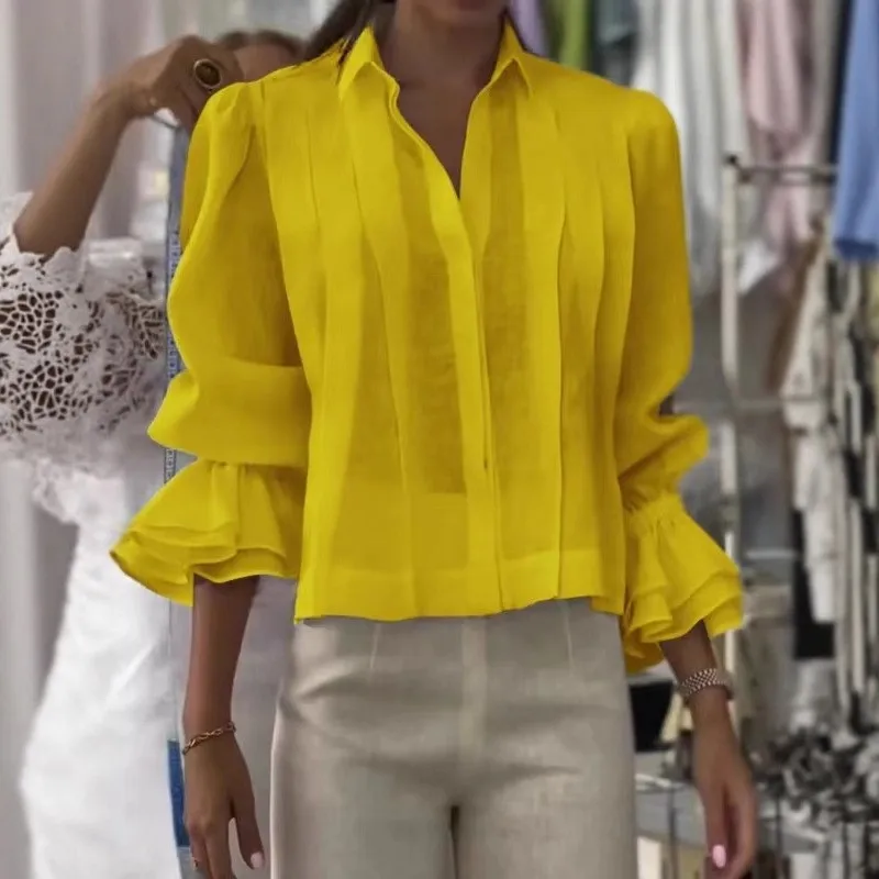 

Commuter Style Ladies Pleated Shirt Fashionable Solid Color Lapel Ruffles Sleeve Versatile Women's Shirts 2025 Autumn New Tops