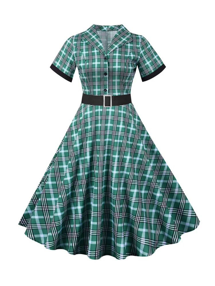 Summer Plaid Print Vintage Dress Women Casual Elegant Short Sleeve Notched Collar Slim Party Dress With Belt Plue Size Robe - AliExpress 200000345 Summer Plaid Print Vintage Dress Women Casual Elegant Short Sleeve Notched Collar Slim Party Dress With Belt Plue Size Robe - AliExpress 200000345