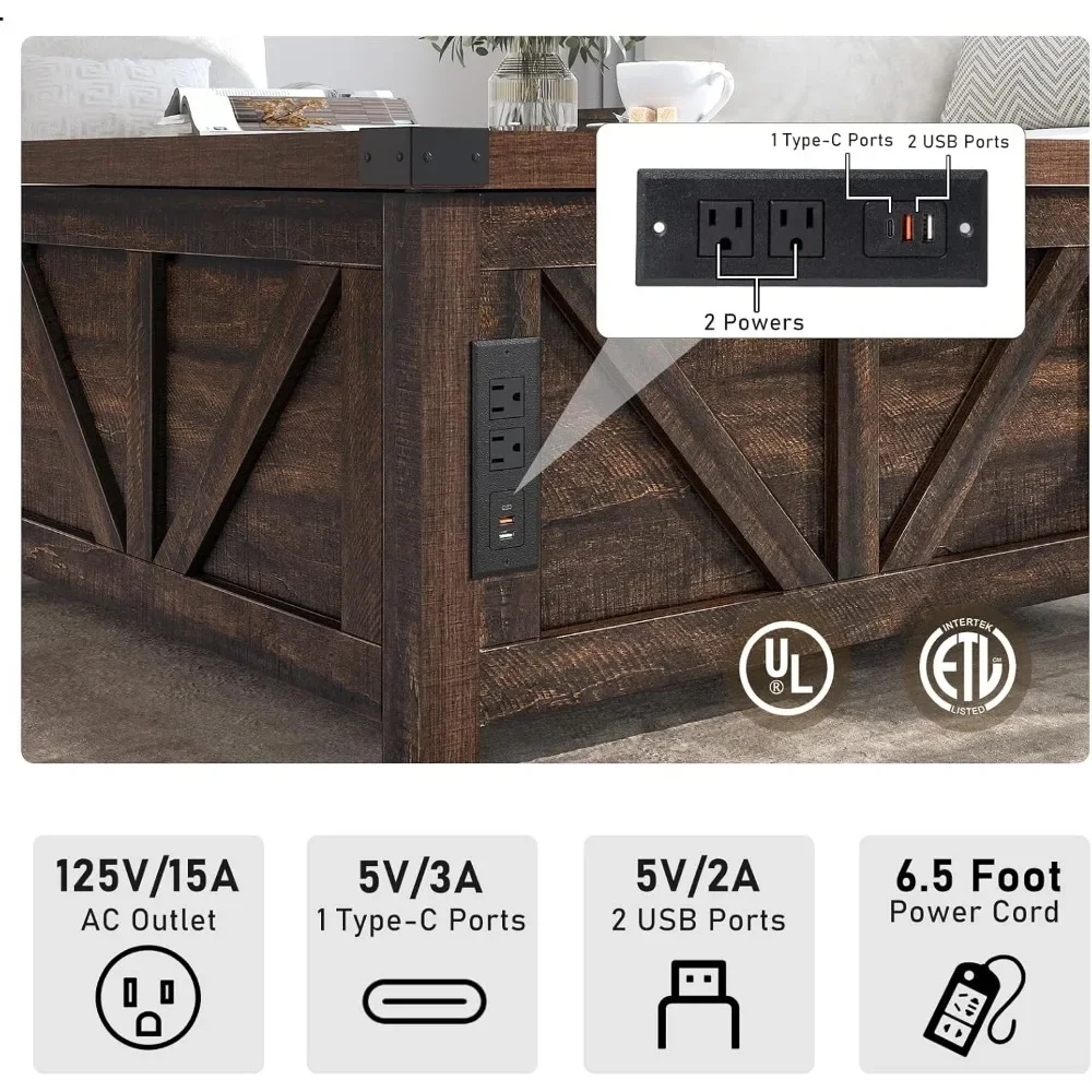 Couch tisch mit Stauraum, quadratischer Mittel tisch aus Holz mit Ladestation und USB-Anschlüssen, zentraler Tisch im Wohnzimmer