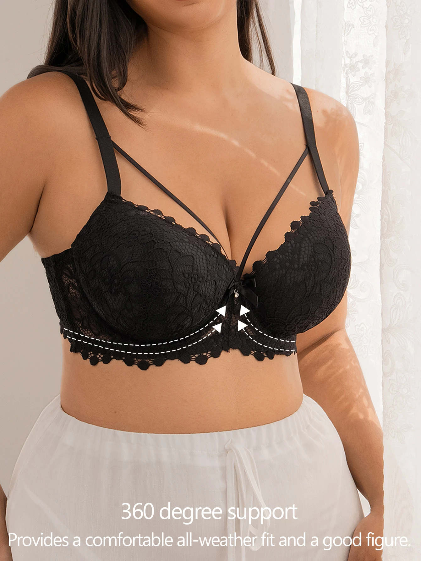 Women C-D Cup Floral Lace Underwire Bra Scalloped Edge Double Thin Straps Rhinestone Gathering Lingerie image 5