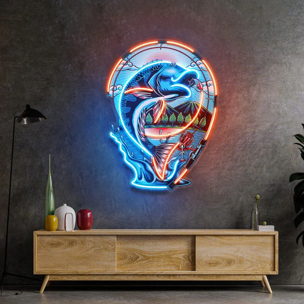 Imagem -05 - Led Neon Sign Light Peixe Carpa Bar Pub Decoração de Parede Casa Parede Sala Pop Art Fishing Lover Presentes