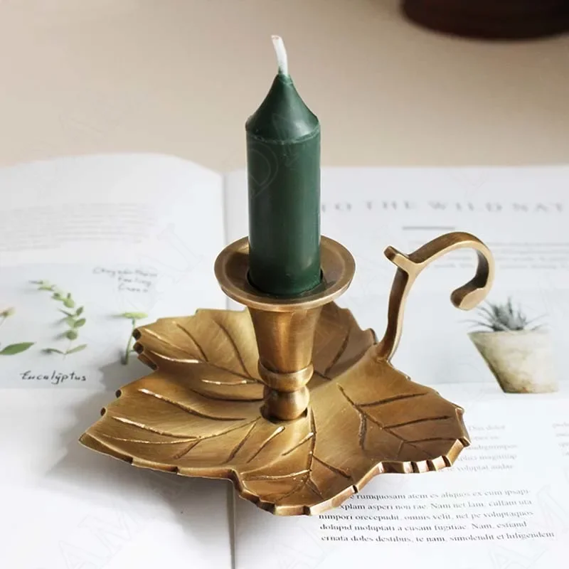 

European Brass Candle Holder Hand Engraved Leaves Decorative Romantic Candlestick Retro Creativity Home Decoration Ornaments