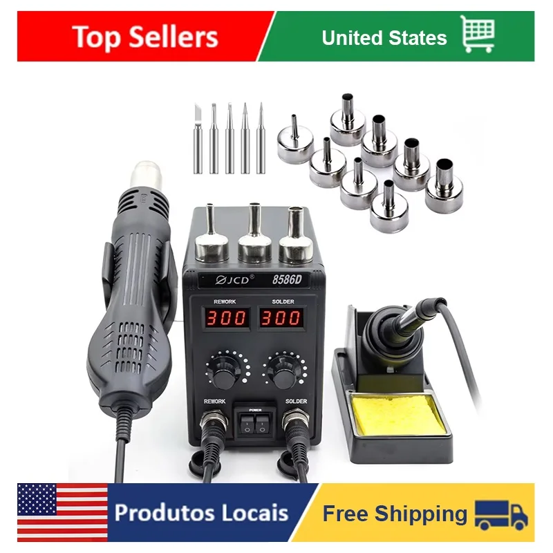 JCD 8586D Soldering Station 2 IN 1 Hot Air Gun Electric Soldering Iron LCD Dual Digital Display 750W SMD Welding Rework Station