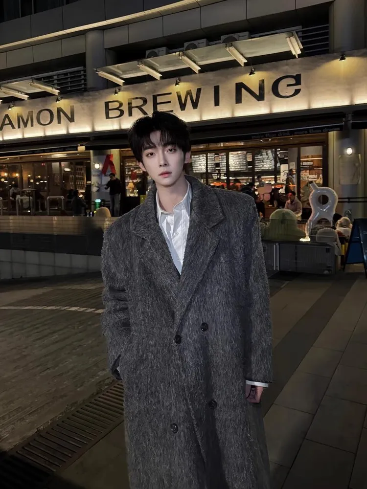 

ay oulder Length Sea Woolen Men's Coat Winter Korean Sle High End Feeling Cool over Knee Windbreaker Jaet Trendy