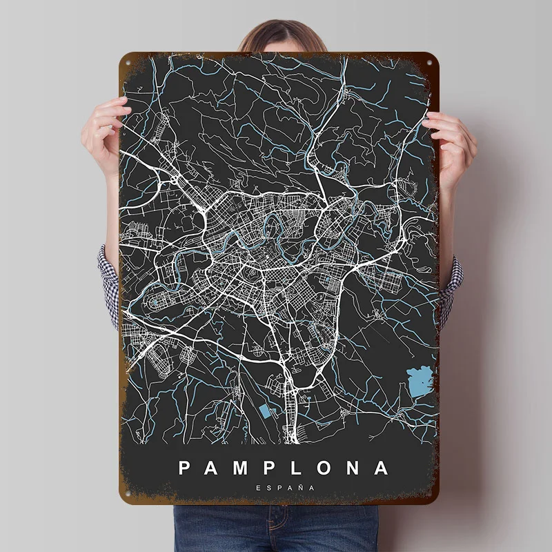 Pamplona Espa??a City Map Printing Poster Customized Retro Wall Art Vintage Metal Signs for Room Home Decoration Ornaments House