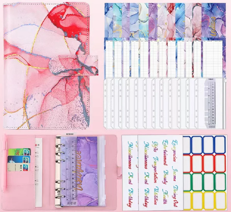 A6 Marble Colorful Money Budget Planner Binder Envelopes Cash Notebook Cover for Budgeting Money Organizer for Budget Binder