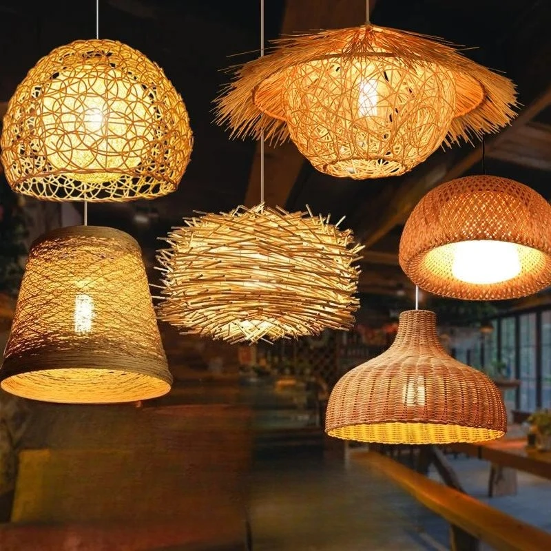 Round Rattan Art Chandelier Bamboo Woven Bird Nest Straw Hat Shape Lamp Creative Pastoral Japanese Retro Light For Balcony