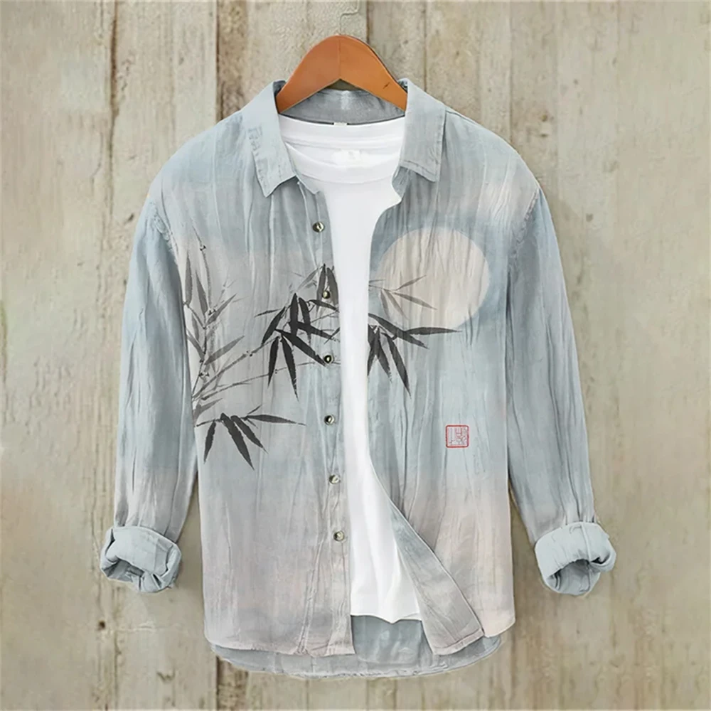 Men's Long Sleeve Shirt Linen Shirt Japanese Fashion Art Bamboo Illustration High Quality Large Size Men's Clothing
