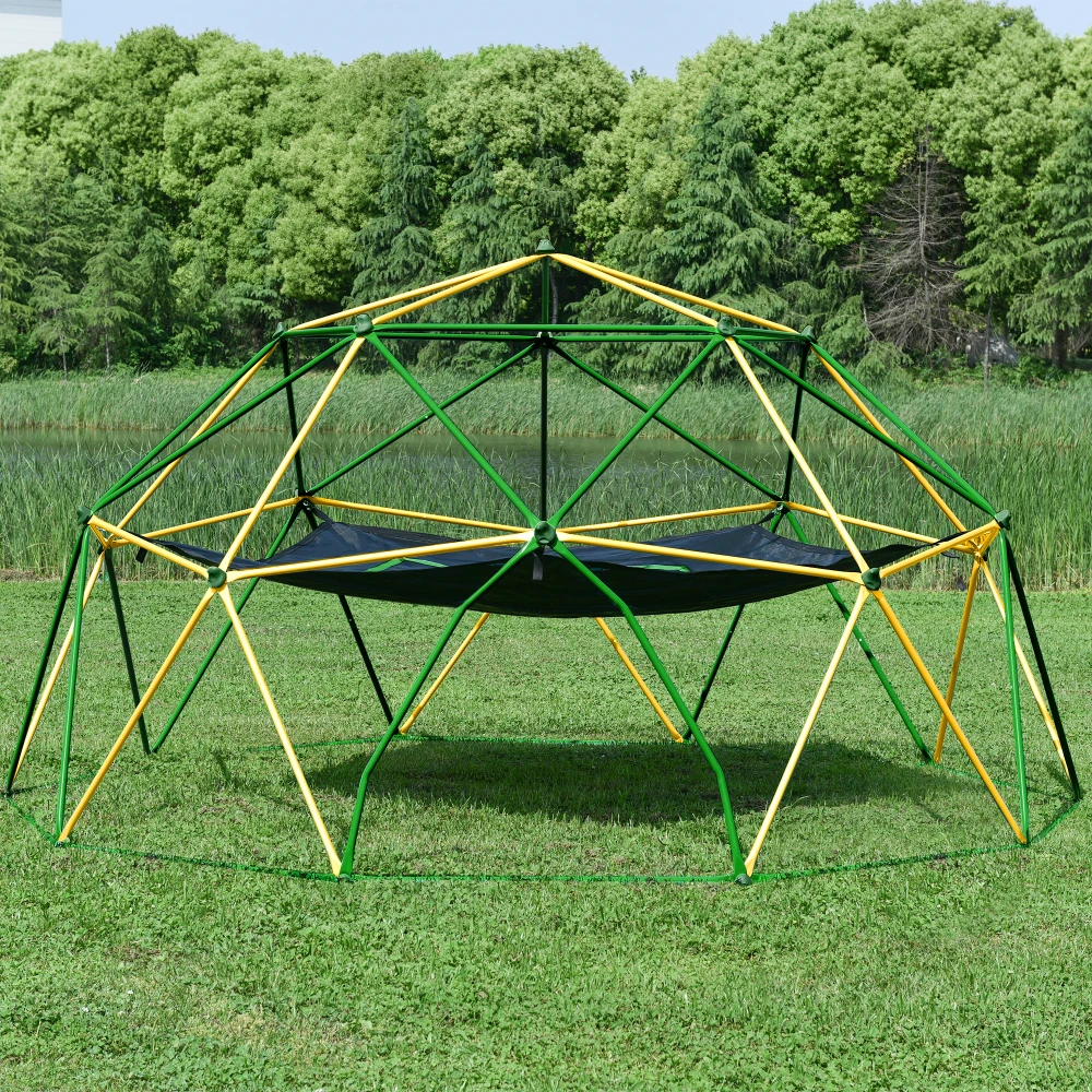 Centro giochi con scalatore a cupola geometrica da 12 piedi, torre a cupola da arrampicata per bambini con amaca, acciaio resistente alla ruggine e ai raggi UV che supporta 1000 libbre