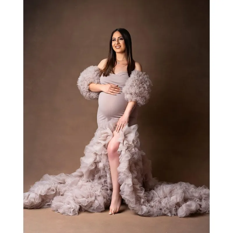 

Tulle Mermaid Maternity Dress for Photoshoot Off Shoulder Baby Shower Dresses Puffy Slit Pregnancy Gowns платье для беременных