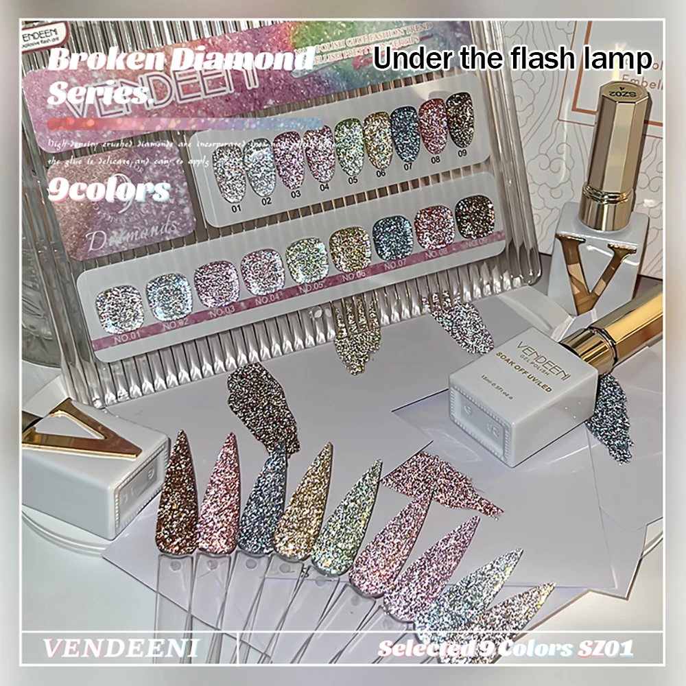 Vendeeni 9 Colors/Set Rainbow Glitter Broken Diamond Gel Nail Polish Semi Permanent UV LED Soak Off Gel Varnish With Display