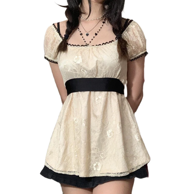 Women Long Tops Patchwork Short Sleeve A-line Shirt Vintage Girl Lace Holiday Streetwear