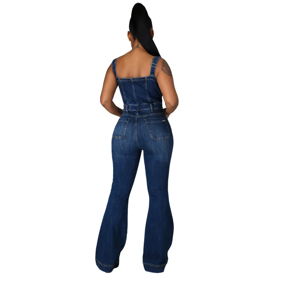 Women's Denim Jumpsuit - Wide Leg Jeans, Sleeveless Button Half-Open Rompers, Female Fashion Casual Pants