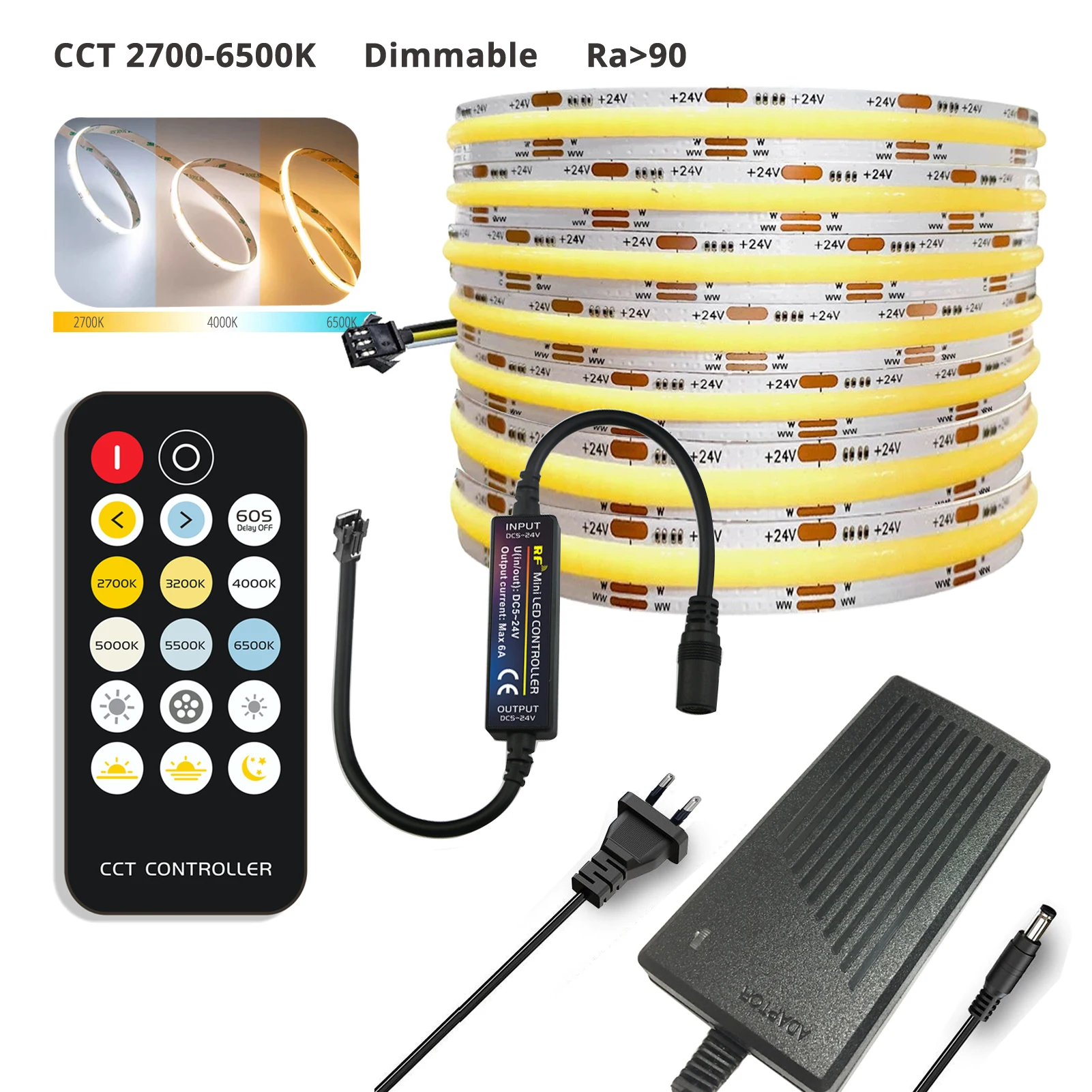 kit-de-bande-led-cob-a-lumiere-blanche-reglable-cct-5-m-2700k-6500k-intensite-variable-24-v-608-led-m-irc-90-alimentation-par-prise-ou-cablage-direct-telecommande