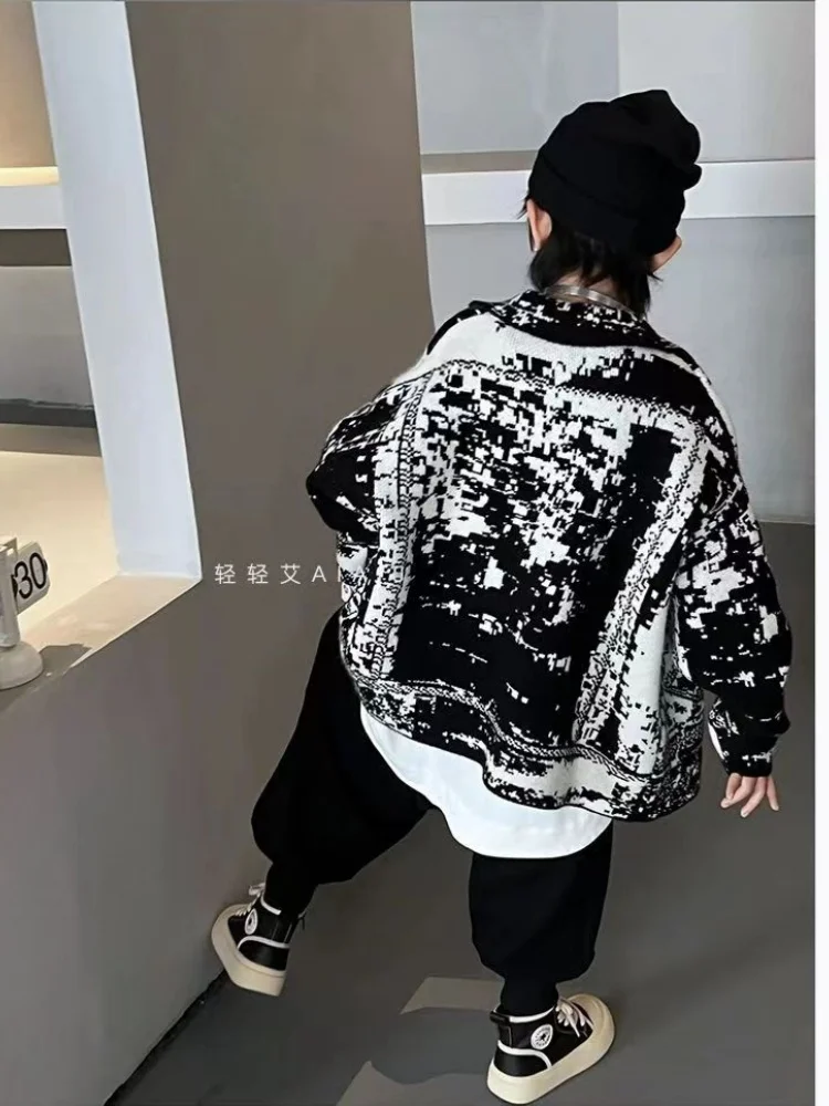 Children\'s Clothing Boy Retro Designer Style Lapel Sweater Cardigan 2023 Spring and Autumn New Children\'s Loose Knit coat