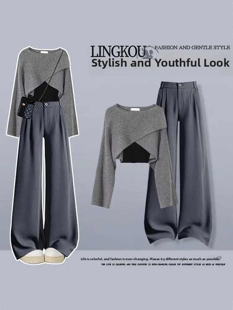 

Ladies Casual Knitted Three-Piece Set Autumn Fashionable Loose Pants Long Sleeve round Neck T-Shirt Korean Style Slimming Top