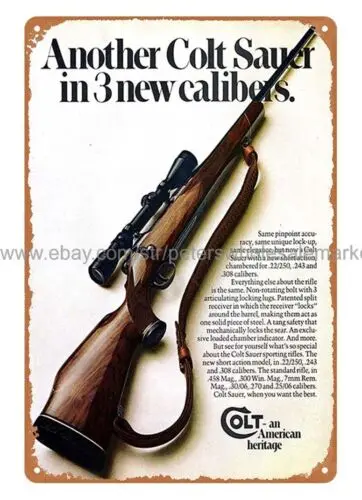 1974 Colt Sauer Sporting Rifle hunting firearm metal tin sign