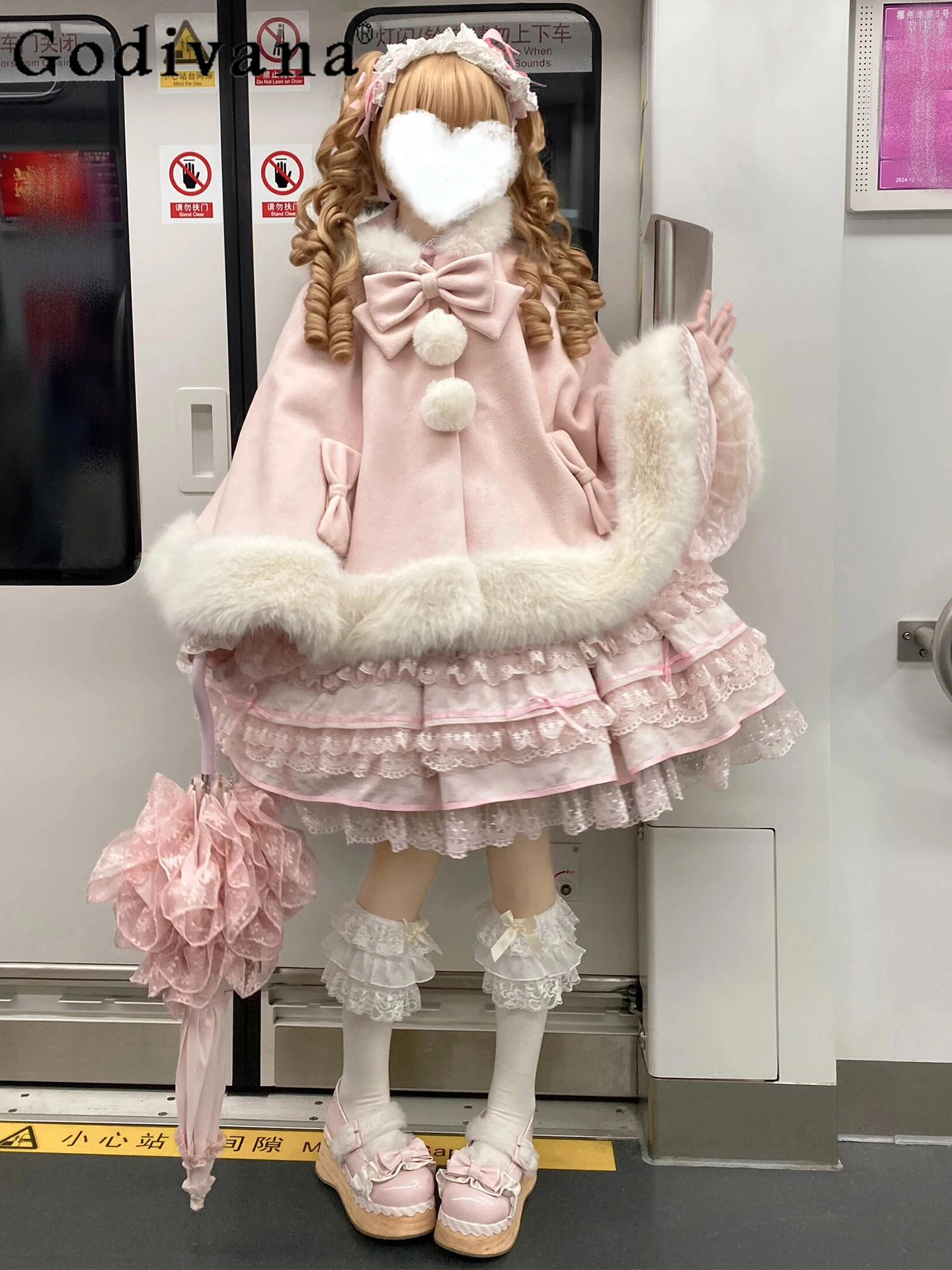 

2025 Autumn Winter New Japanese Style Original Sweet Cute Girl Hooded Patchwork Wool Shawl Loose Simple Bow Doll Feel Cape Coat