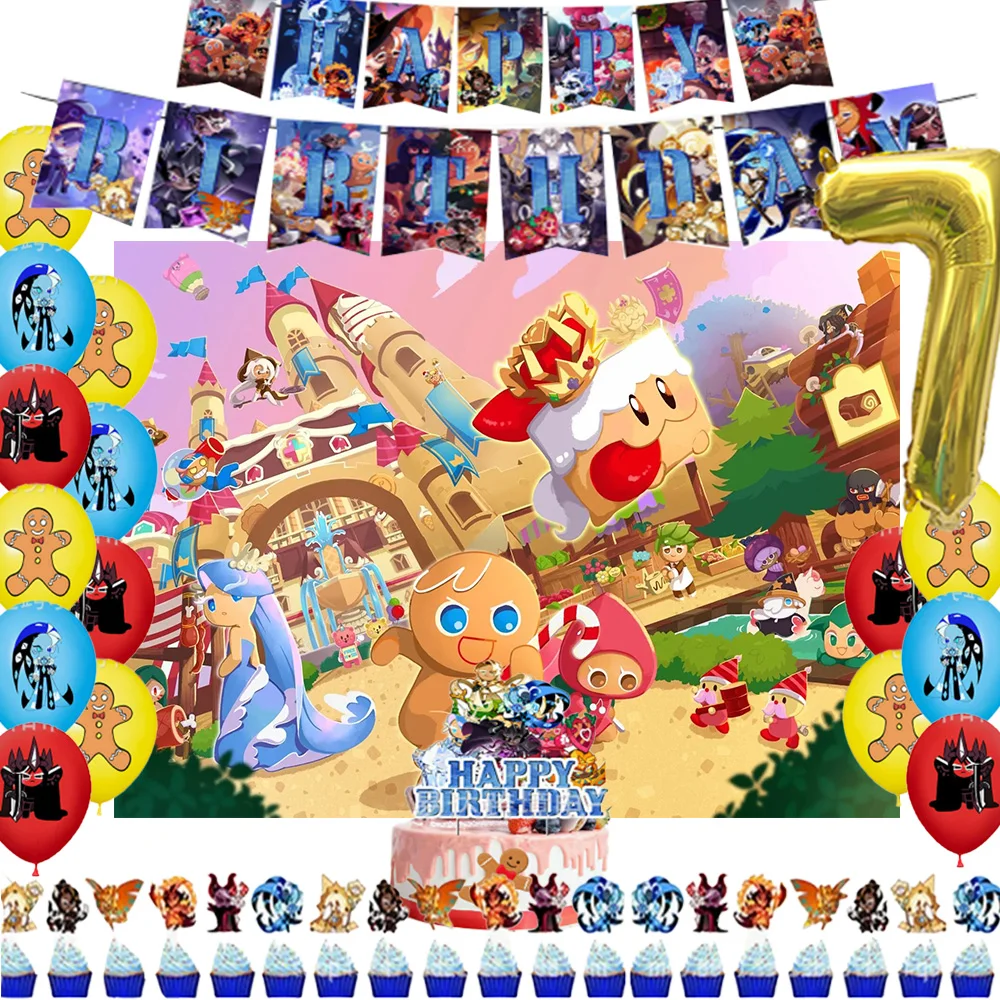 

Cookie Run Kingdom Theme Birthday Party Supplies Decoration Game Balloon Banner Backdrops Cupcake Topper Baby Shower Gifts Props