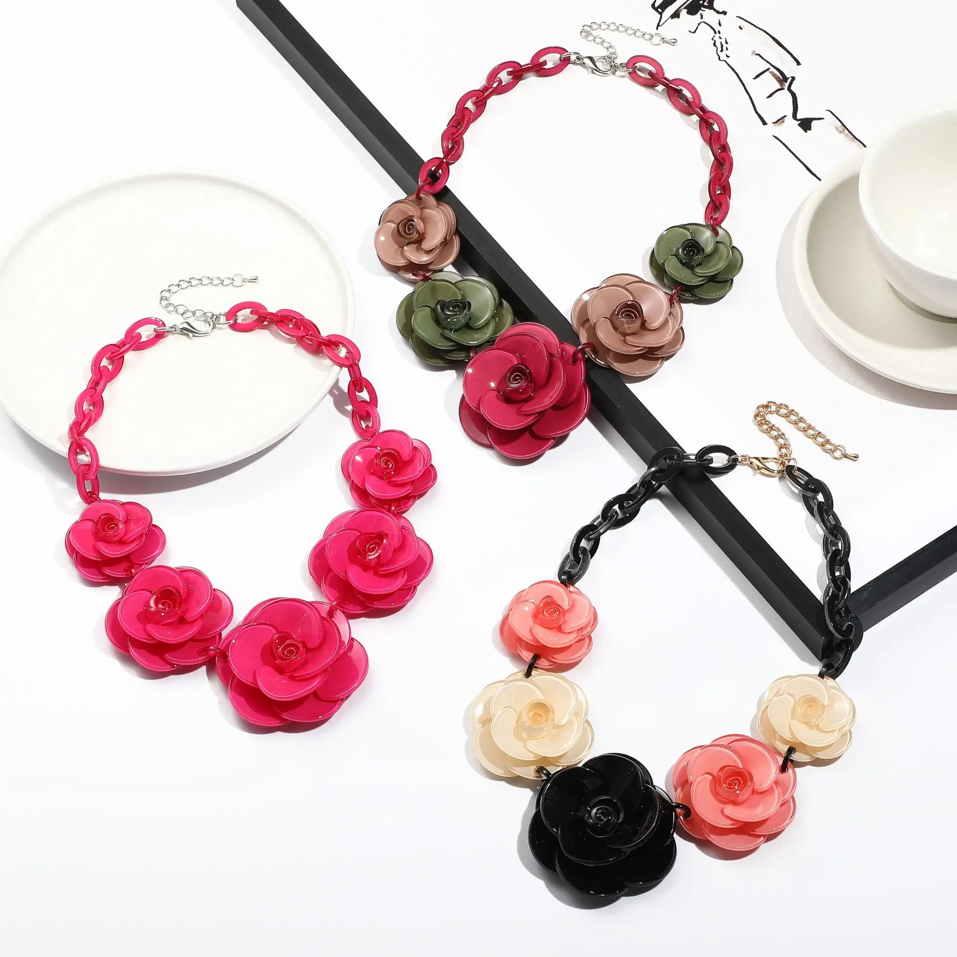 Colorful hip chain openwork exaggerated necklace thick chain geometric punk acrylic necklace Rose flower earrings personality