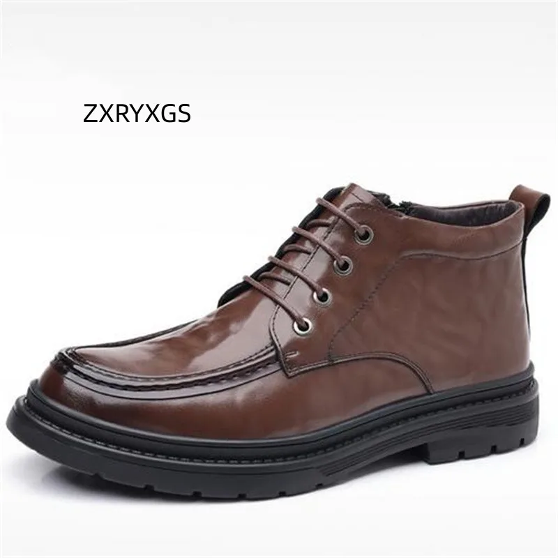 

ZXRYXGS British Style Cowhide Lacquer Leather Winter Warm Men's Leather Boots 2024 Popular Casual Cotton Shoes Snow Boots Tide