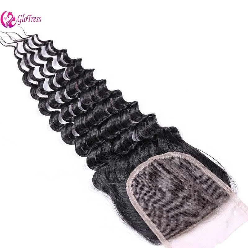 

4*4 Закрытие для лица Глубокая волна Оптовая продажа Передние кружевные блоки волос Бразильские девственные прозрачные кружева Remy Плотность 180%